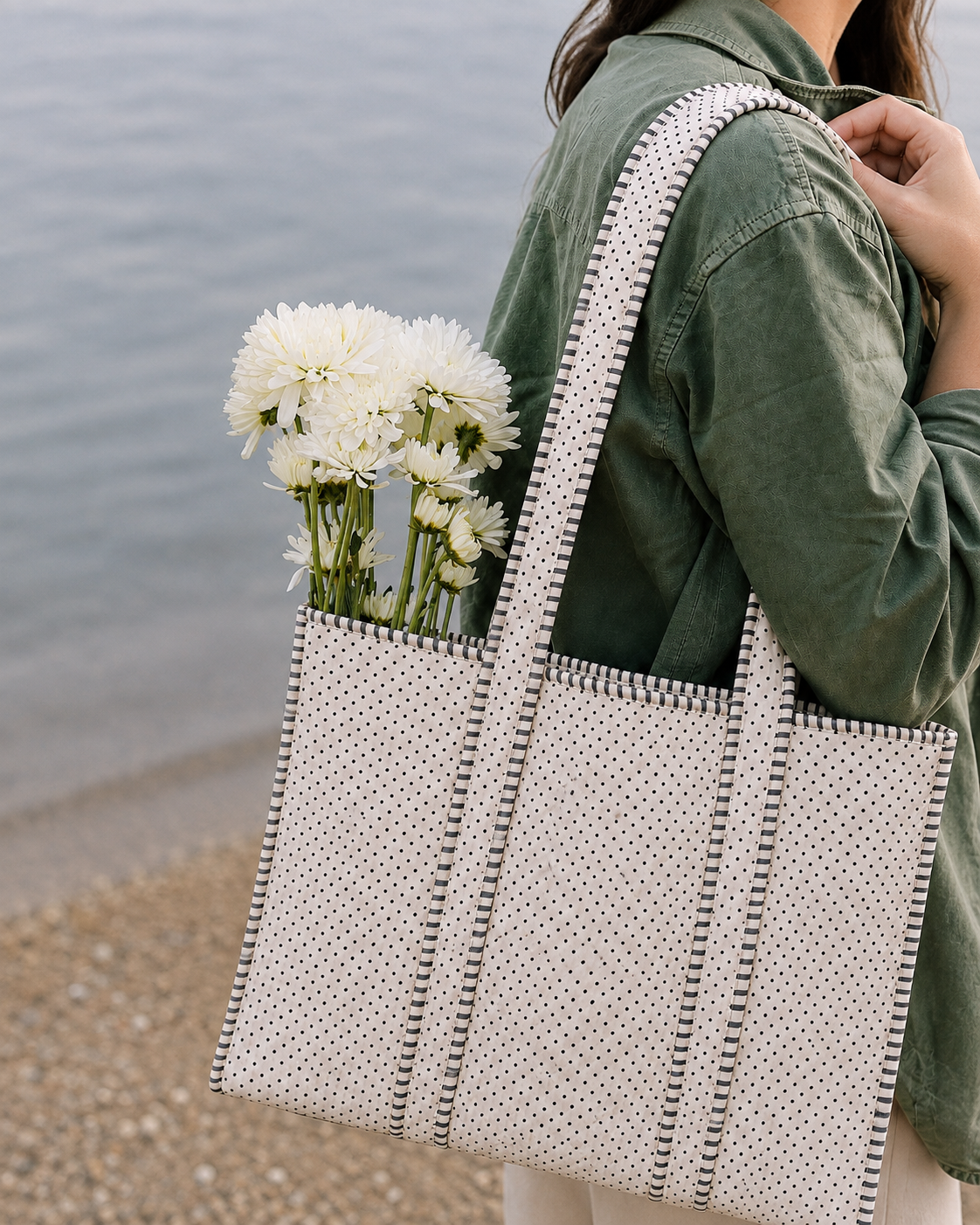 Ivory Micro-Dot Quilted Cotton Tote