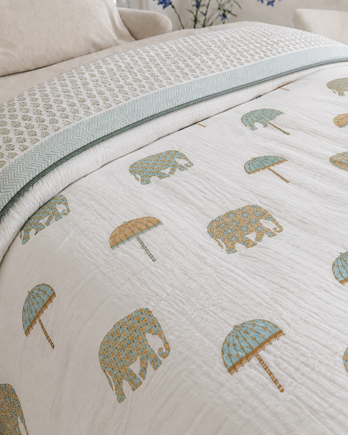 Elephant Grove Hand Block Printed Pure Cotton Double Bed Dohar – Reversible