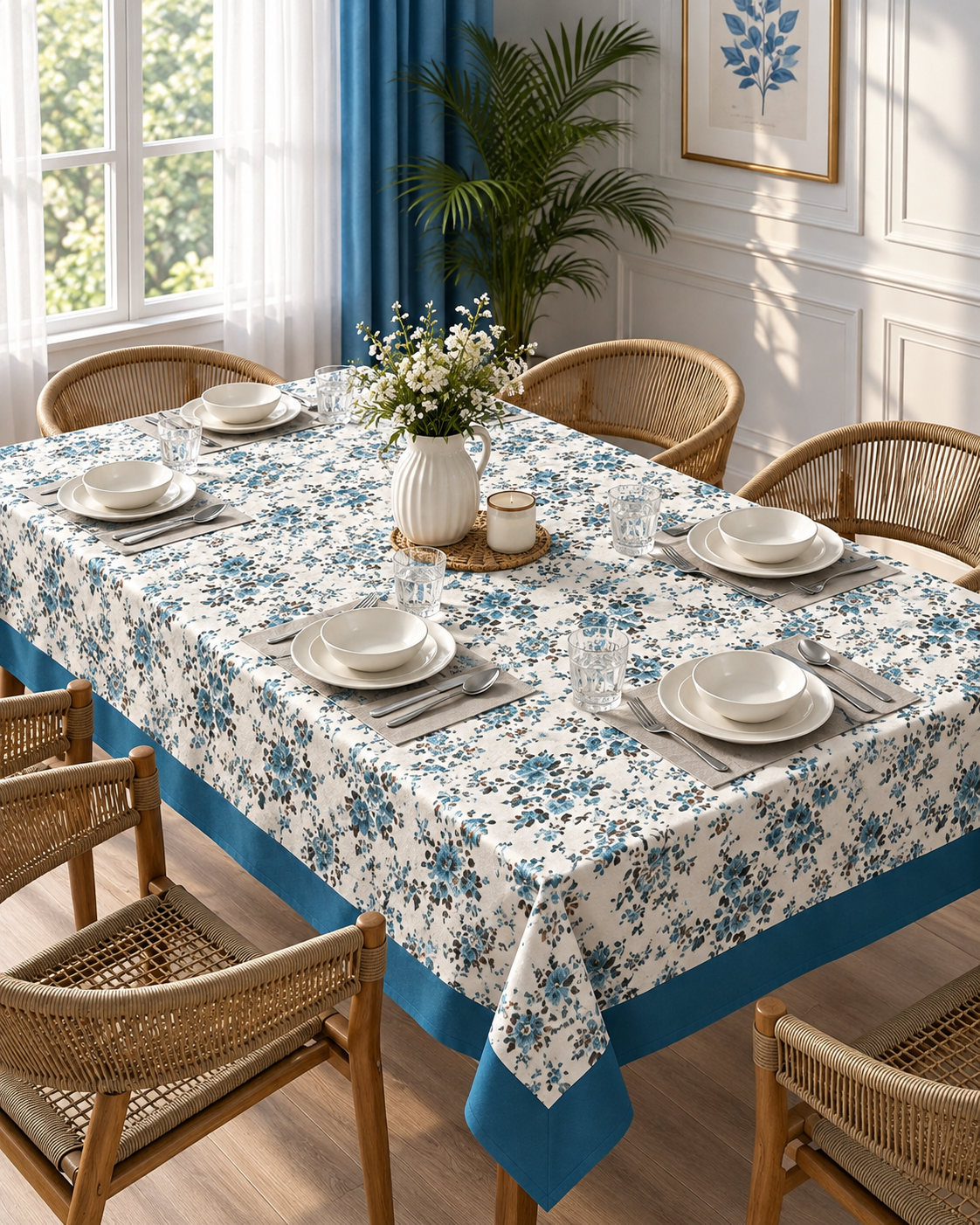 Blue Floral Printed Table Cover with Border