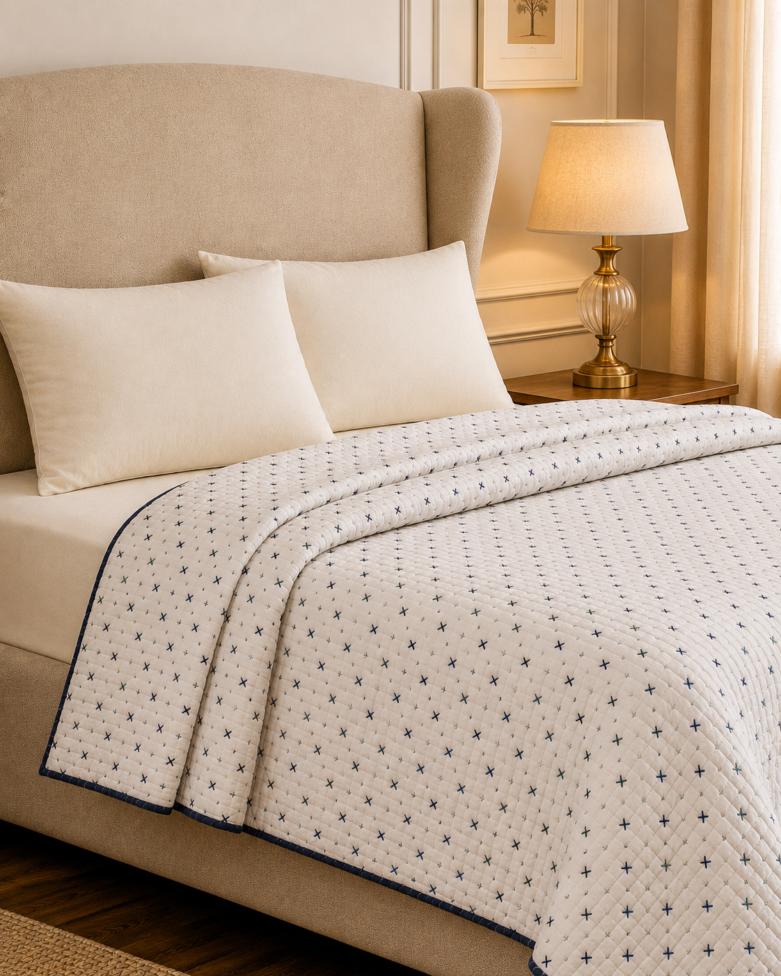 Premium Handmade Organic Blue Thread Kantha Blanket Quilt