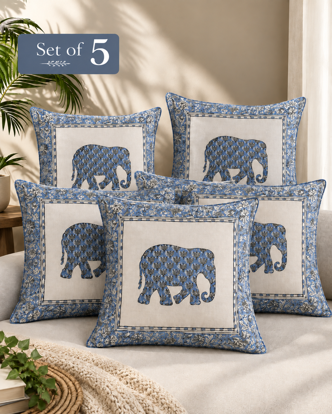 Blue Elephant Handblock Print Cushion Covers – Set of 5