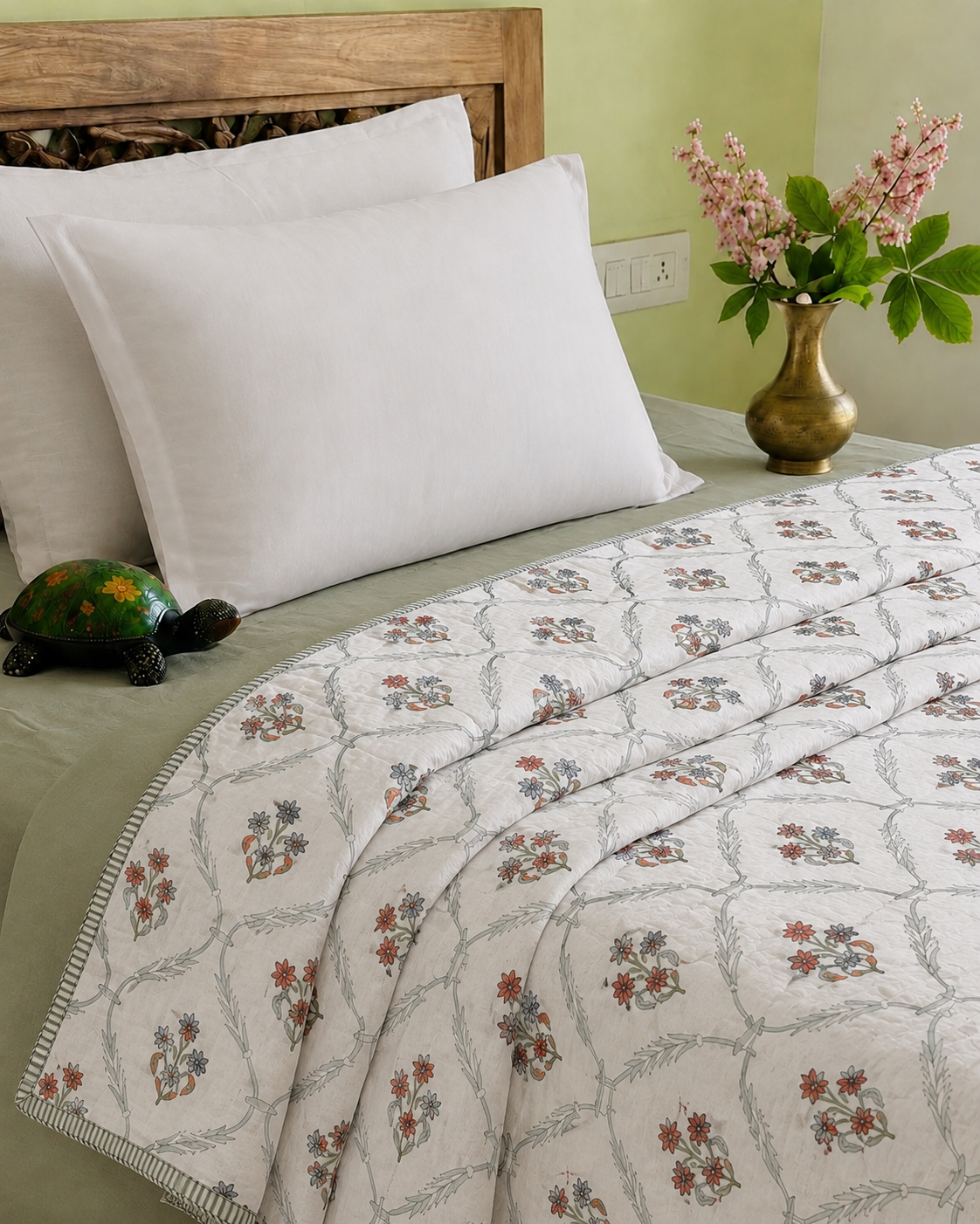 Crimson Garden Trellis Hand Block Printed Cotton Single Bed Dohar (Pair of Two)