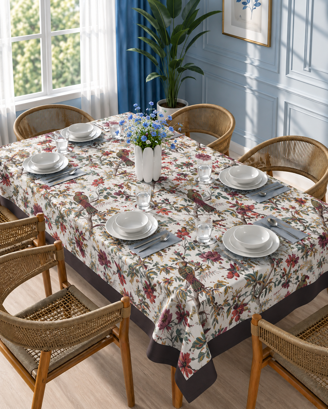 Floral Bird & Botanical Printed Table Cover with Border