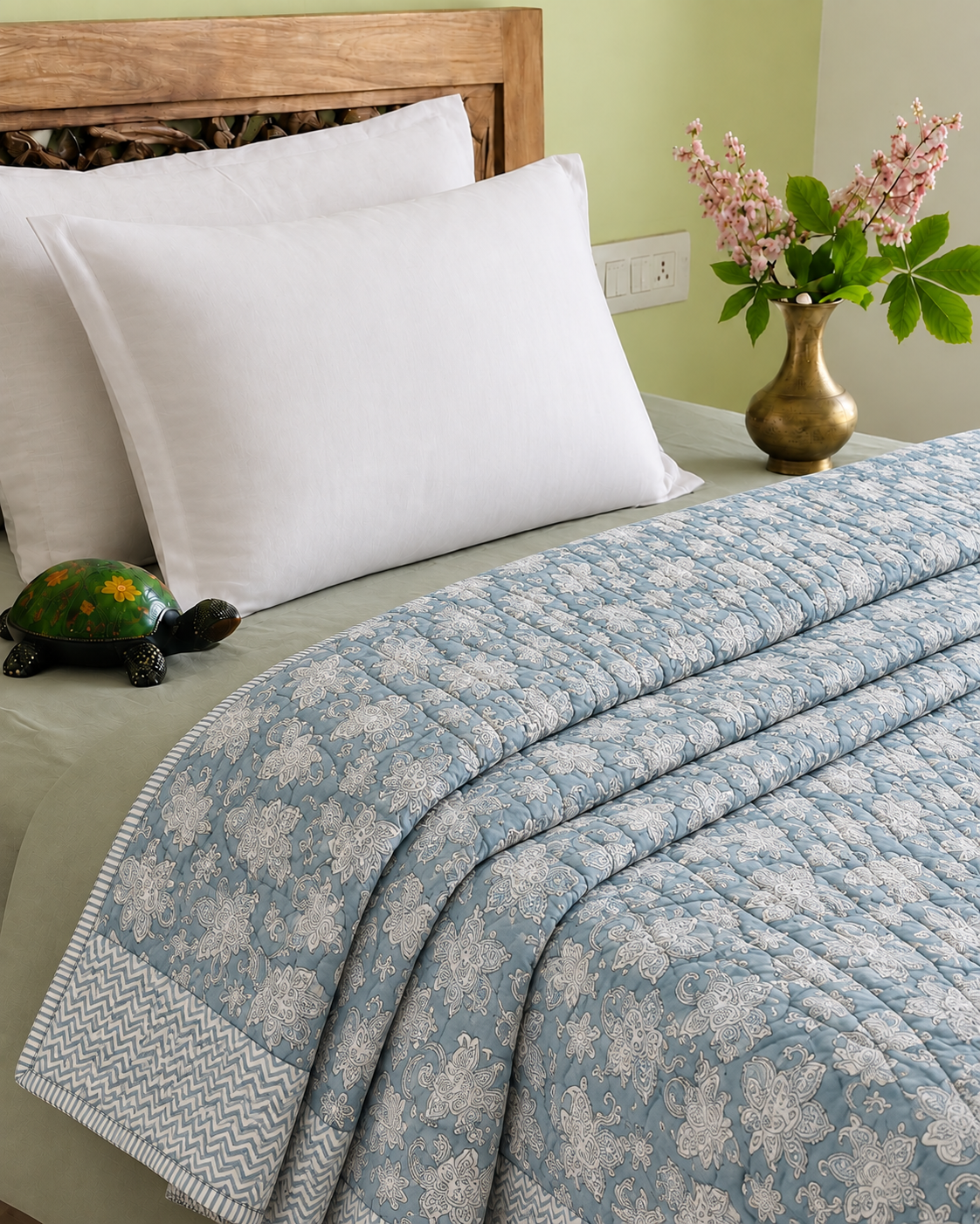 Grey Paisley Malmal Reversible Single Bed Quilt with Chevron Reverse