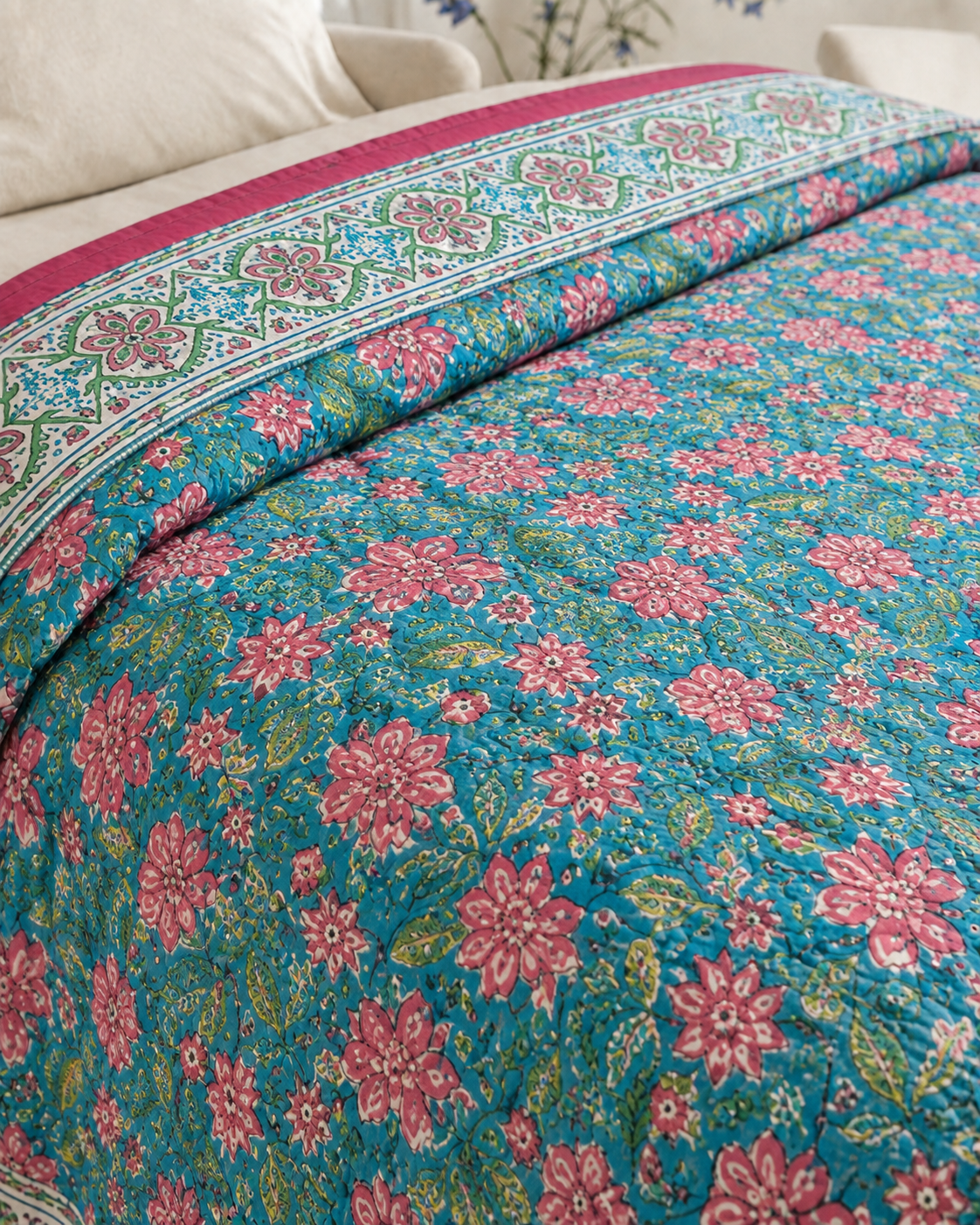 Floral Garden Cotton Reversible King Size Jaipuri Quilt