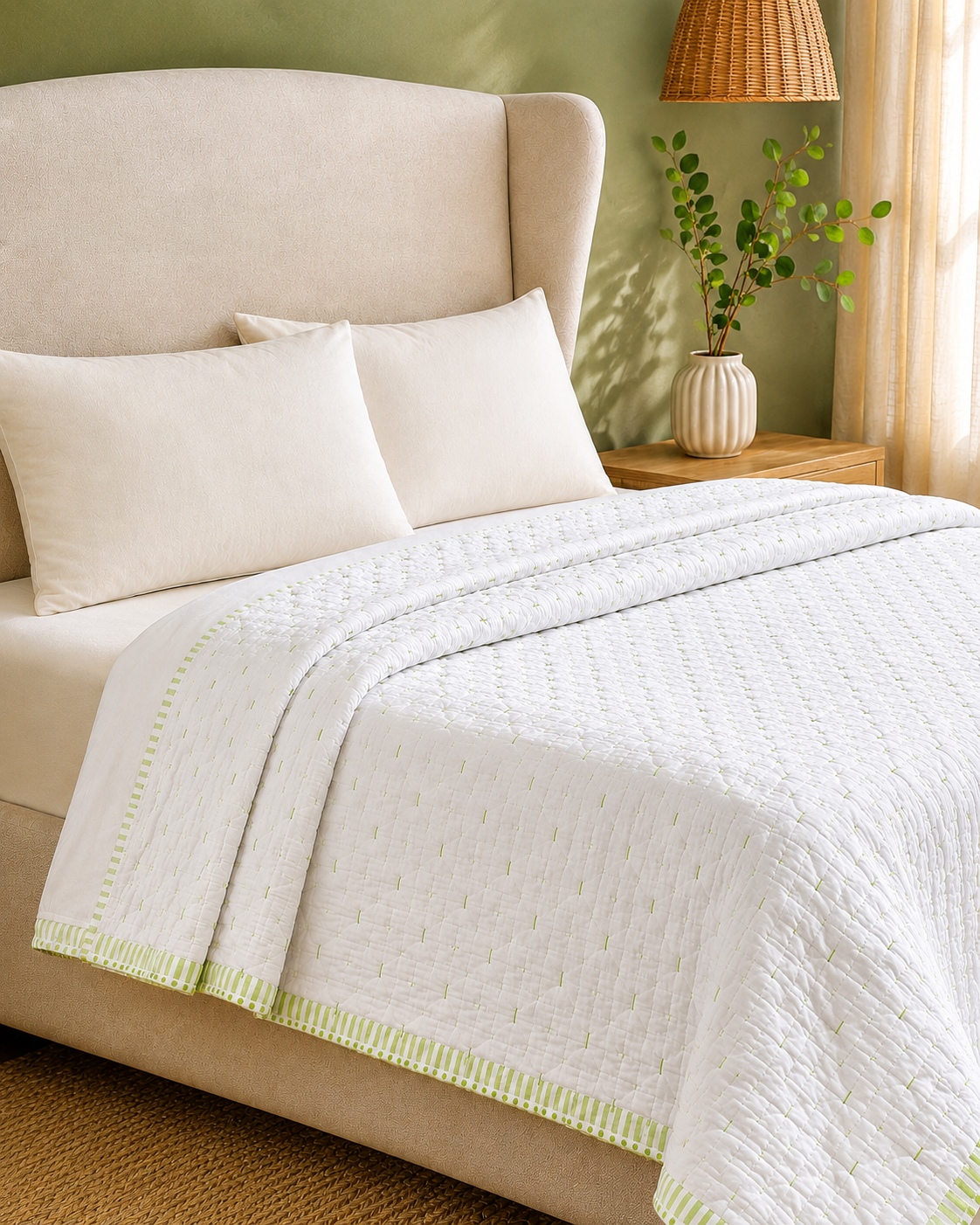 Emerald Edge White Cotton Kantha Stitch Quilt