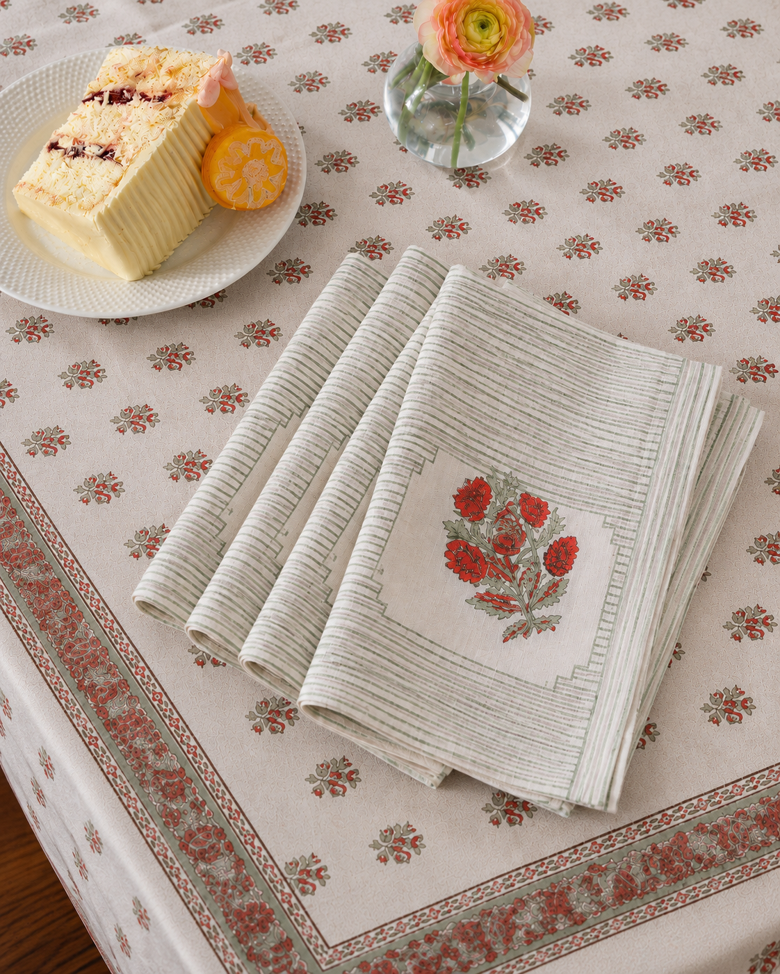 Blush Stripe Floral Cotton Table Cover & Coordinated Napkin Set