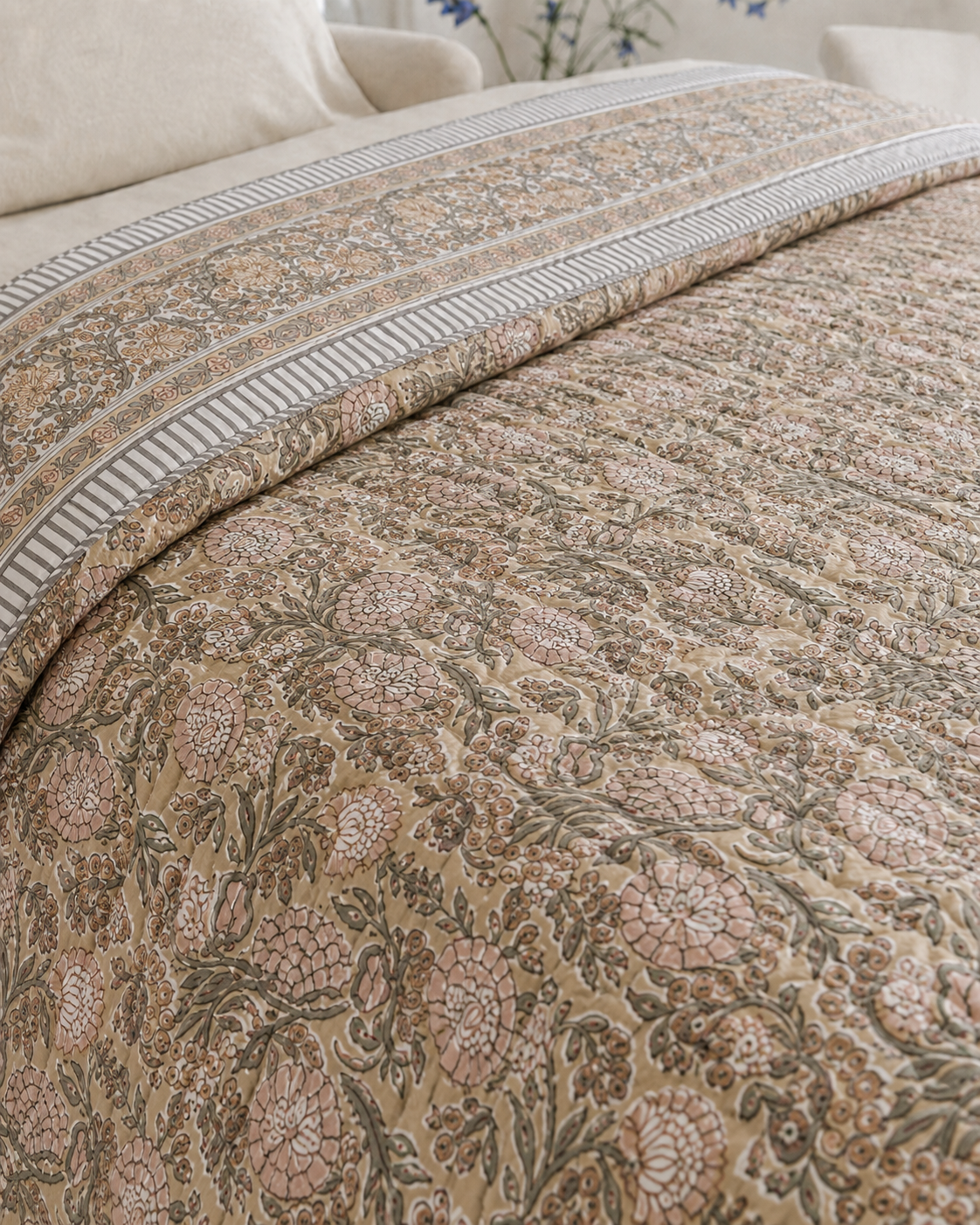Silver Paisley Hand Block Printed Pure Cotton Double Bed Dohar