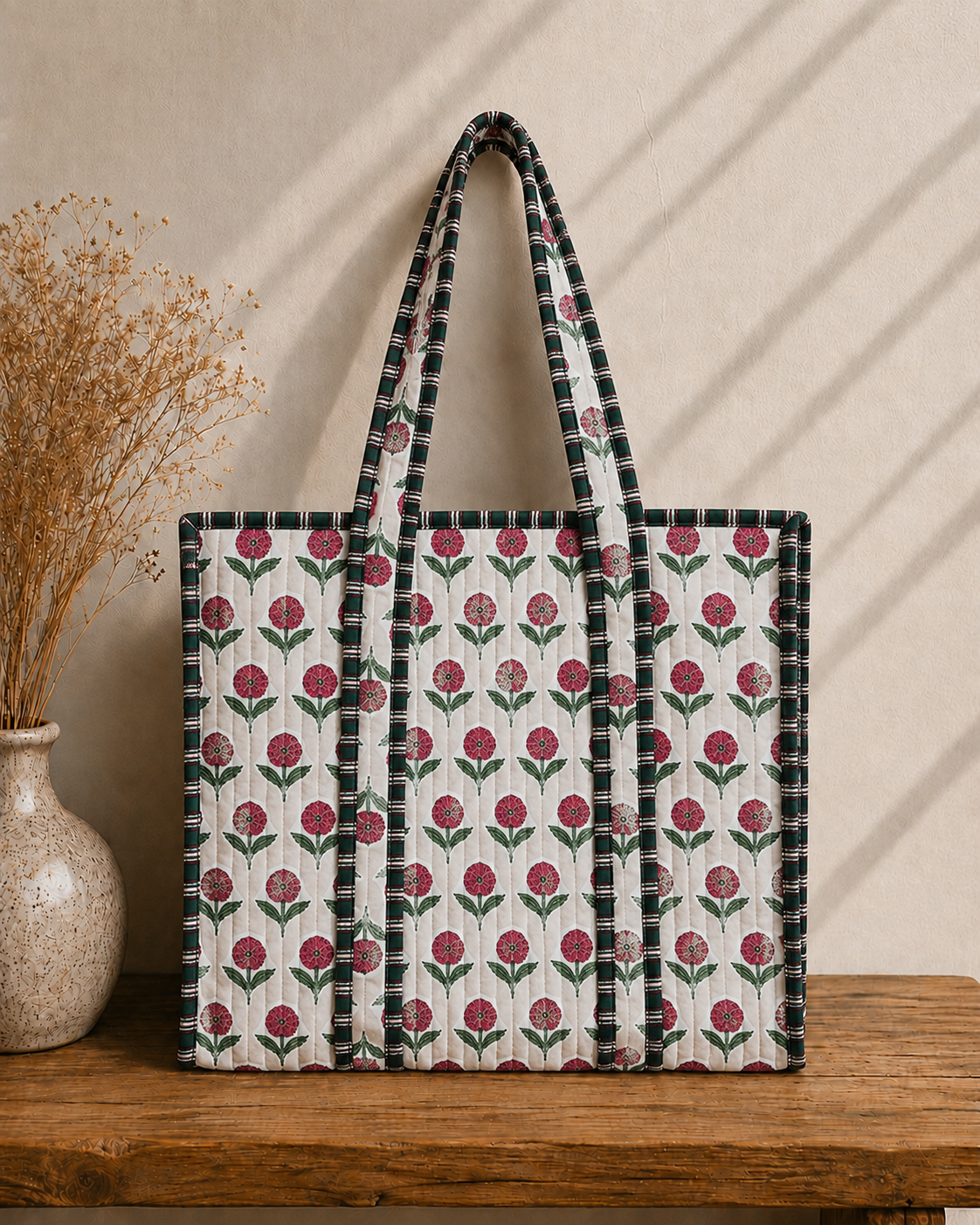 Rosewood Bloom Quilted Cotton Tote