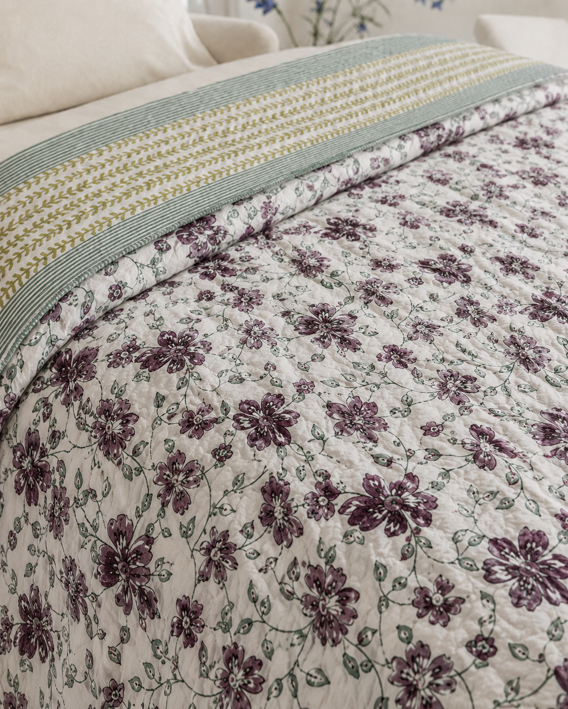 Sage Blossom Hand Block Printed Pure Cotton Double Bed Dohar – Reversible