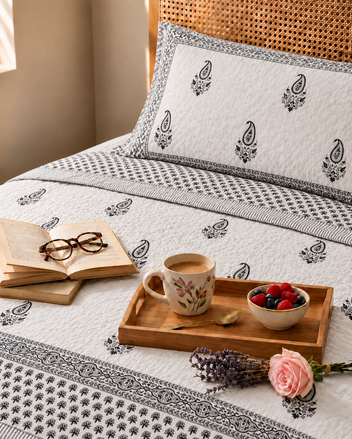 Cotton Midnight Paisley Jaipuri Quilt & Coordinated Bedsheet Set