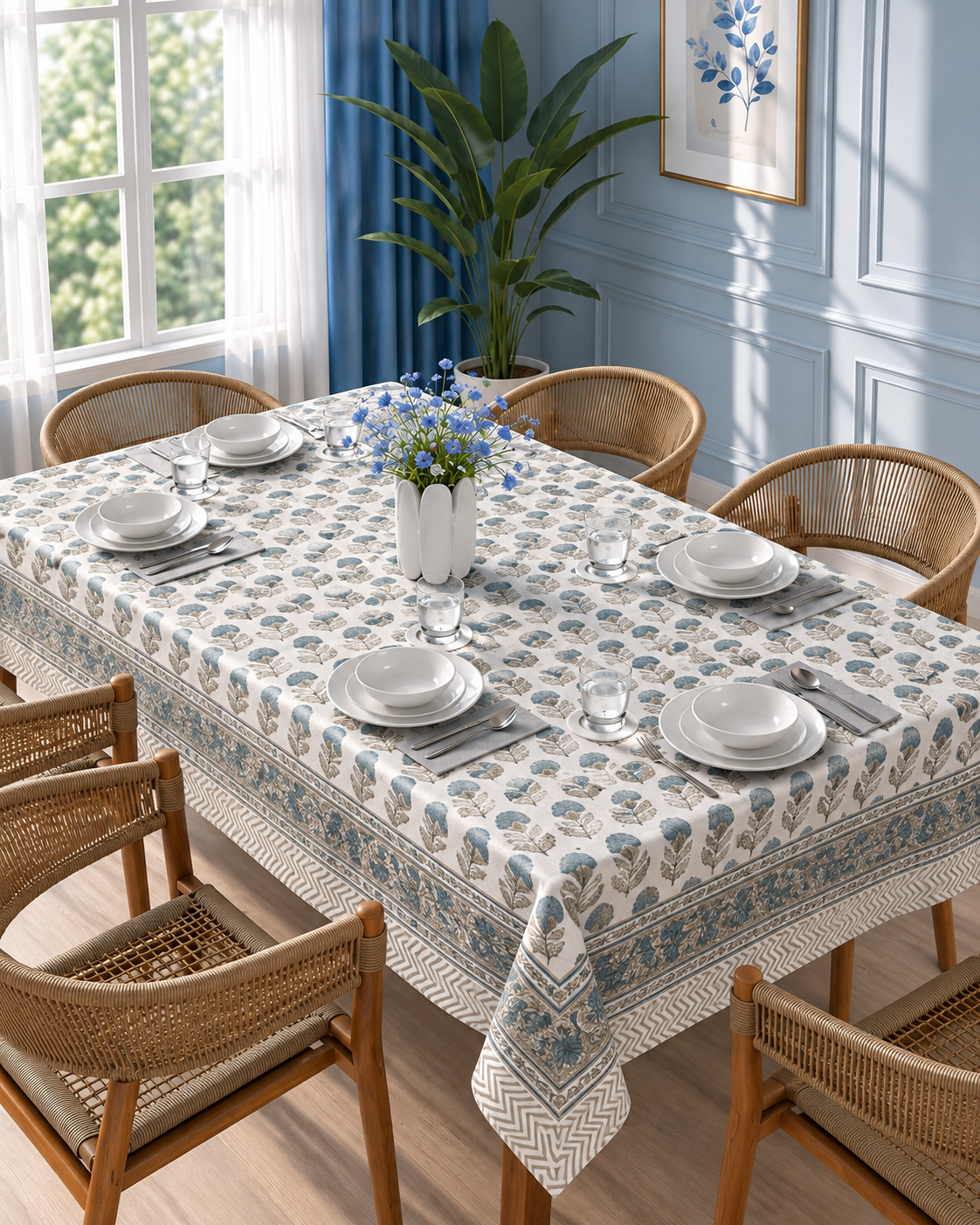 Blue Floral Block Print Table Cover with Border