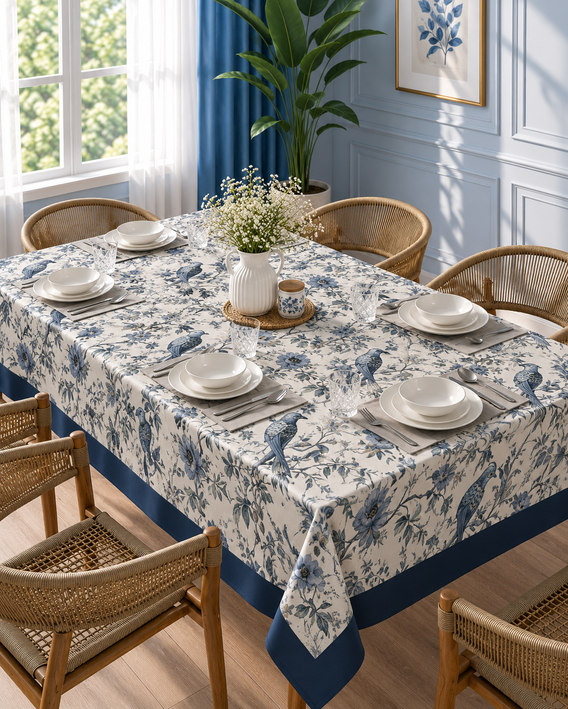 Blue Floral Bird Print Table Cover with Border