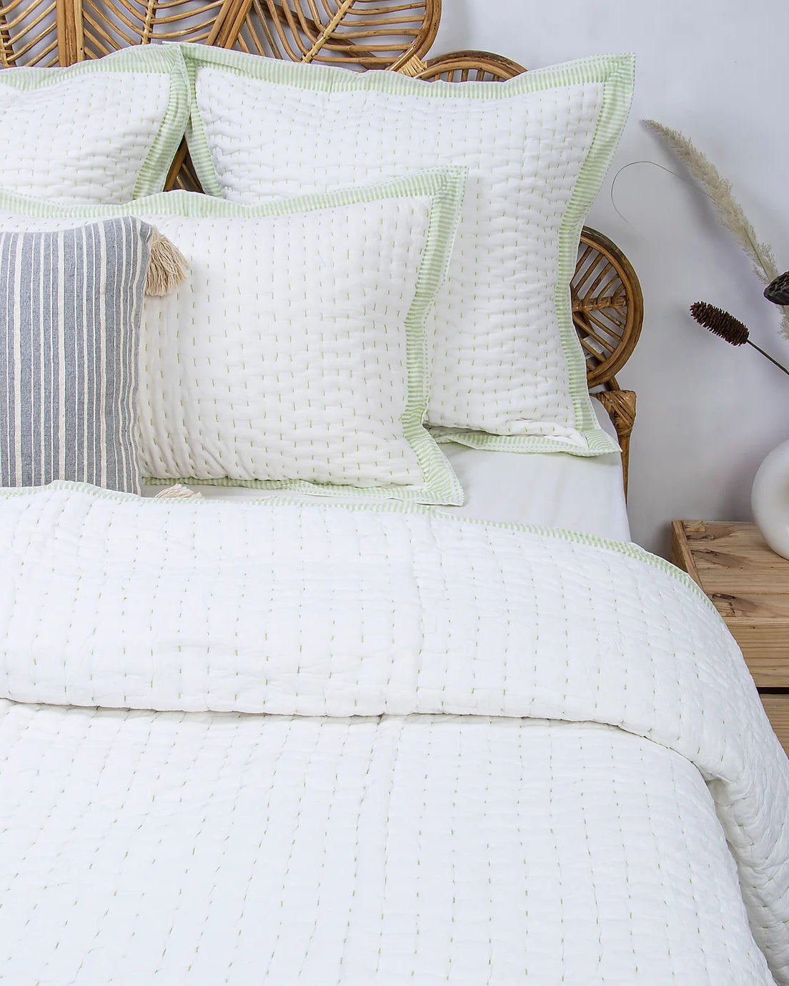 Emerald Edge White Cotton Kantha Stitch Quilt