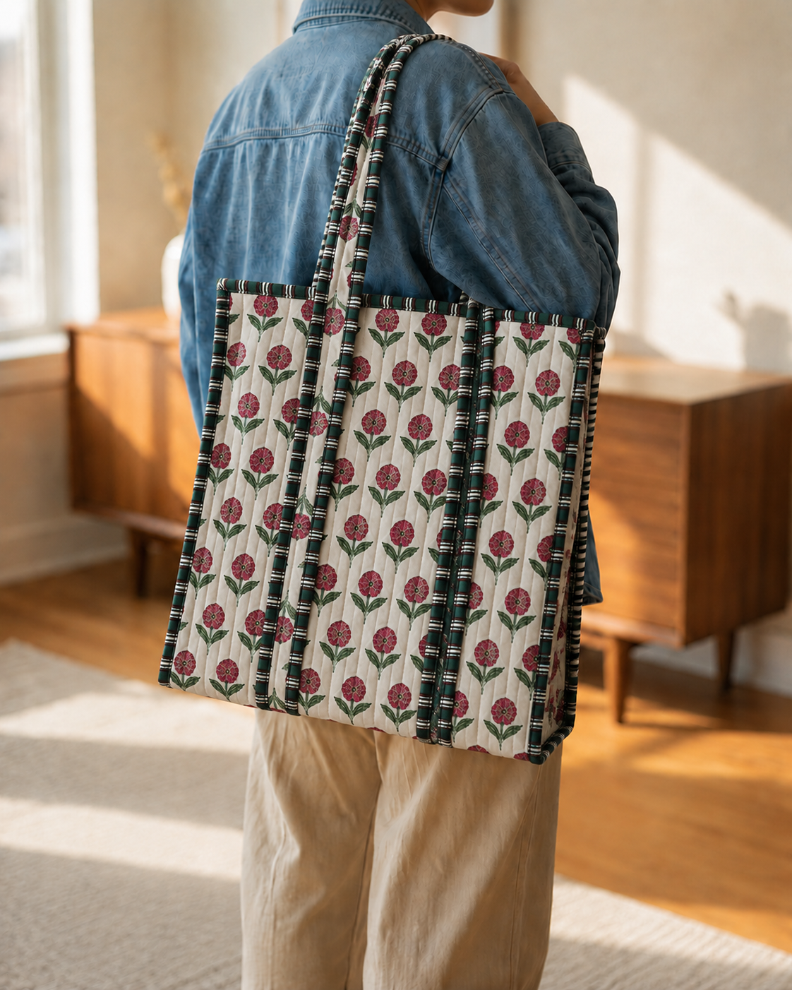 Rosewood Bloom Quilted Cotton Tote