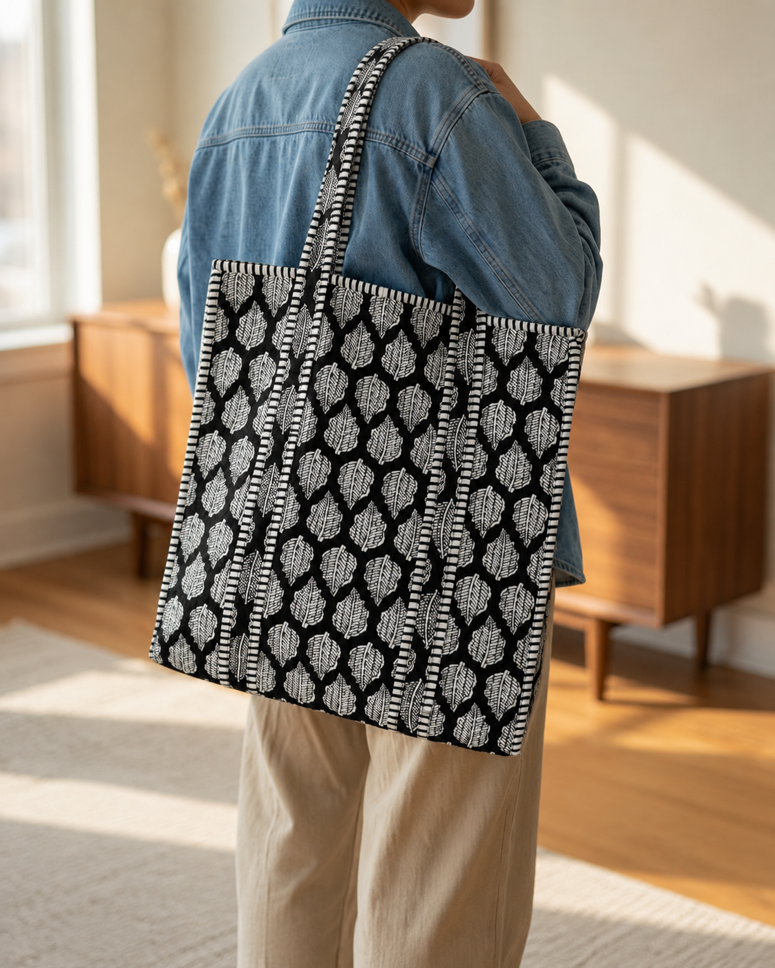 Midnight Leaf Quilted Cotton Tote
