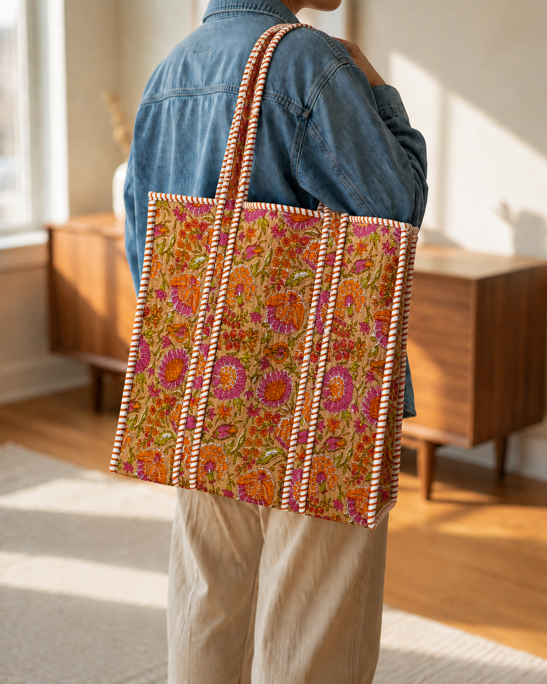 Terracotta Blossom Quilted Cotton Tote
