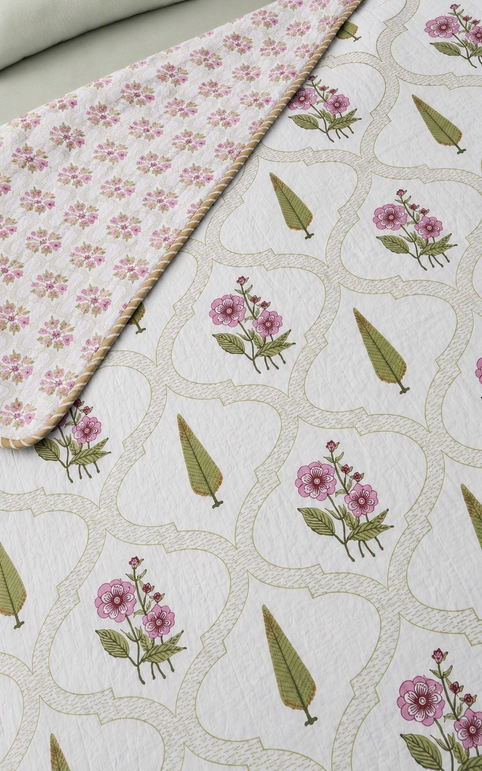 Willow Rose Meadow Hand Block Printed Cotton Single Bed Dohar (Pair of Two)
