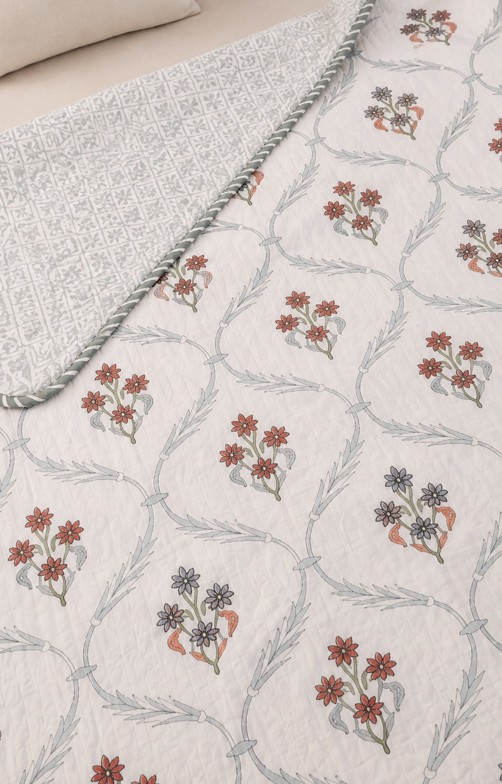 Crimson Garden Trellis Hand Block Printed Cotton Single Bed Dohar (Pair of Two)