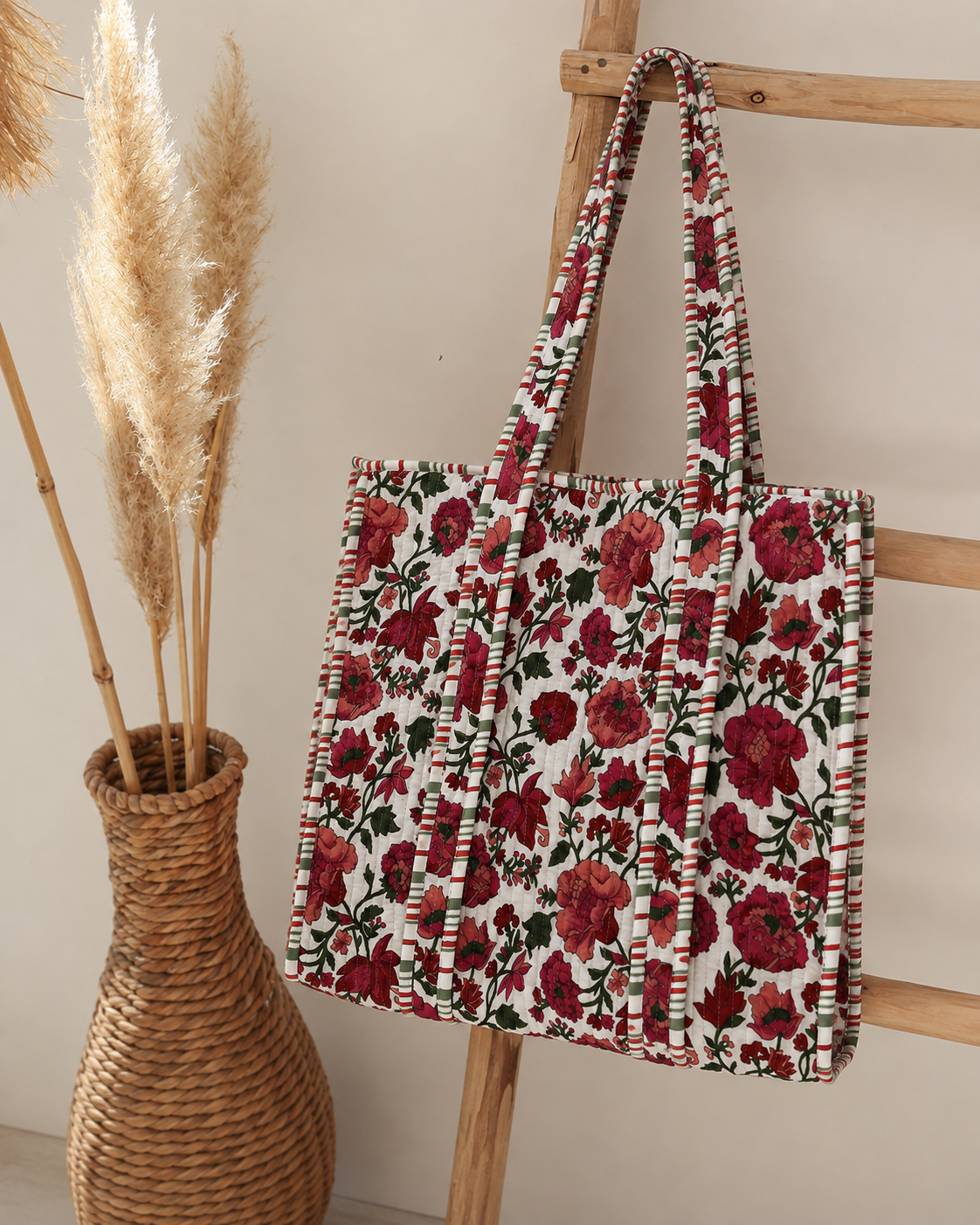 Crimson Garden Quilted Cotton Tote