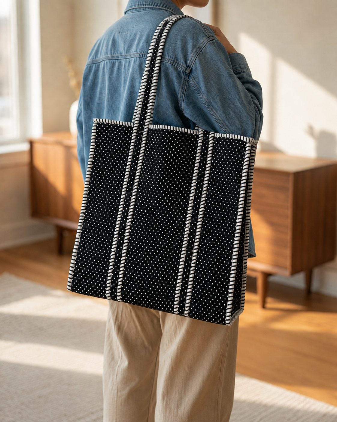 Midnight Micro-Dot Quilted Cotton Tote