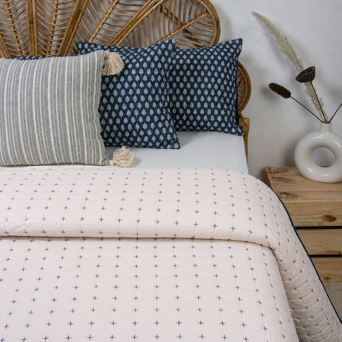 Premium Handmade Organic Blue Thread Kantha Blanket Quilt