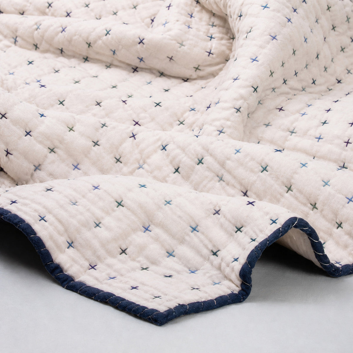 Premium Handmade Organic Blue Thread Kantha Blanket Quilt